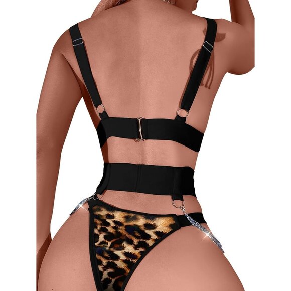 Women's Leopard Sexy Chain Strappy Garter Belt Lingerie Set Rave Outfits - Picture 2 of 5